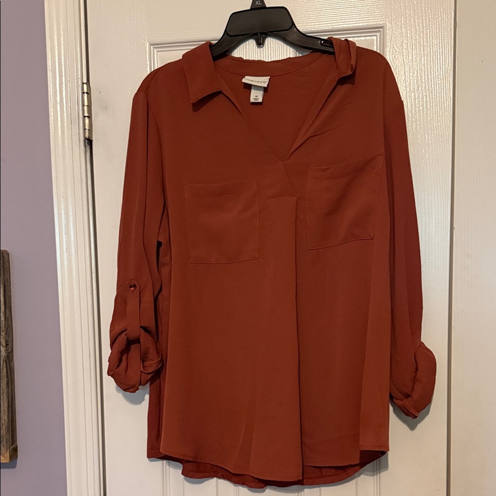 AVA & Ivy Women's Burnt Orange Collared V-Neck Blouse